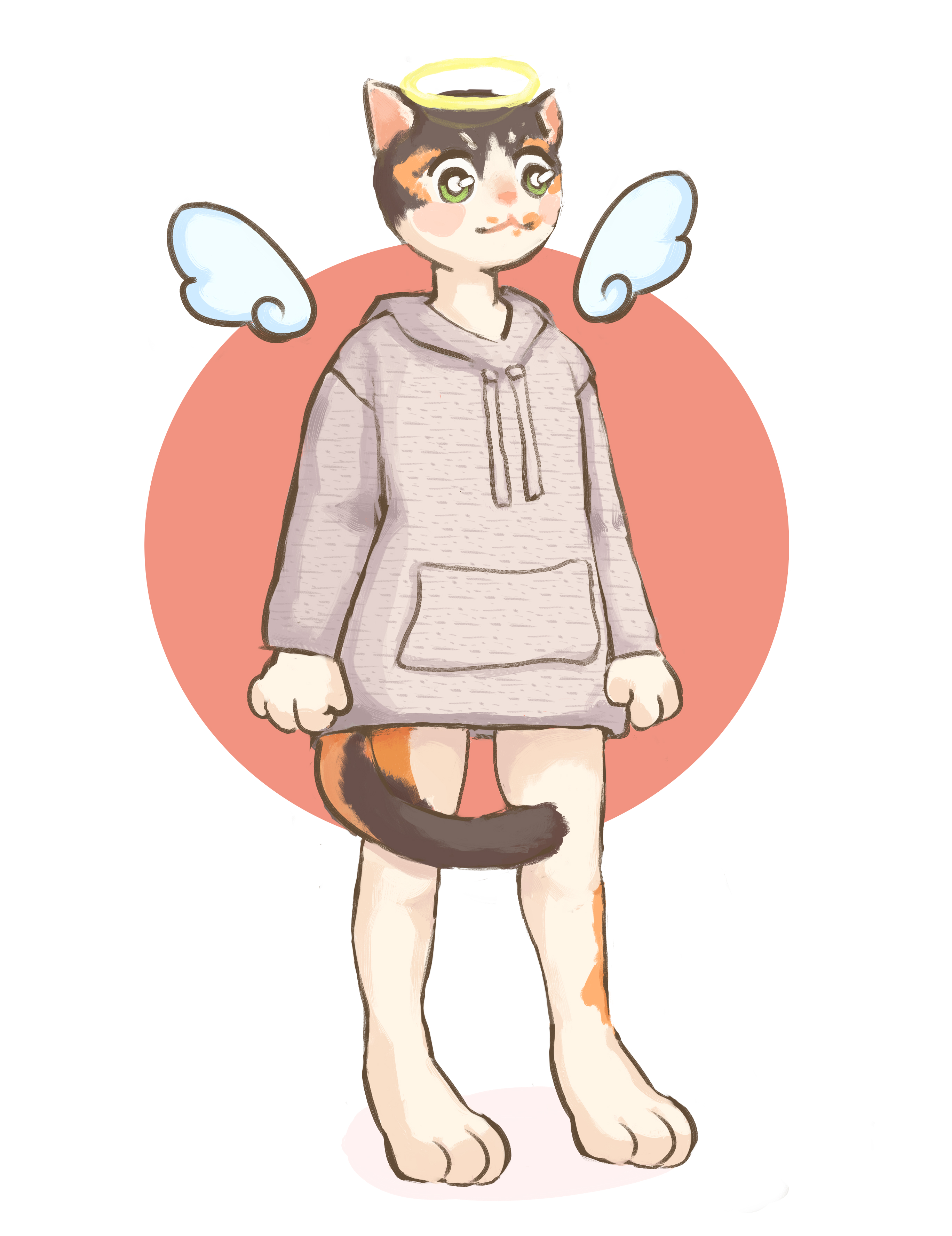 stylized cartoon illustration of anthro calico cat with angel wings and halo, wearing a grey hoodie